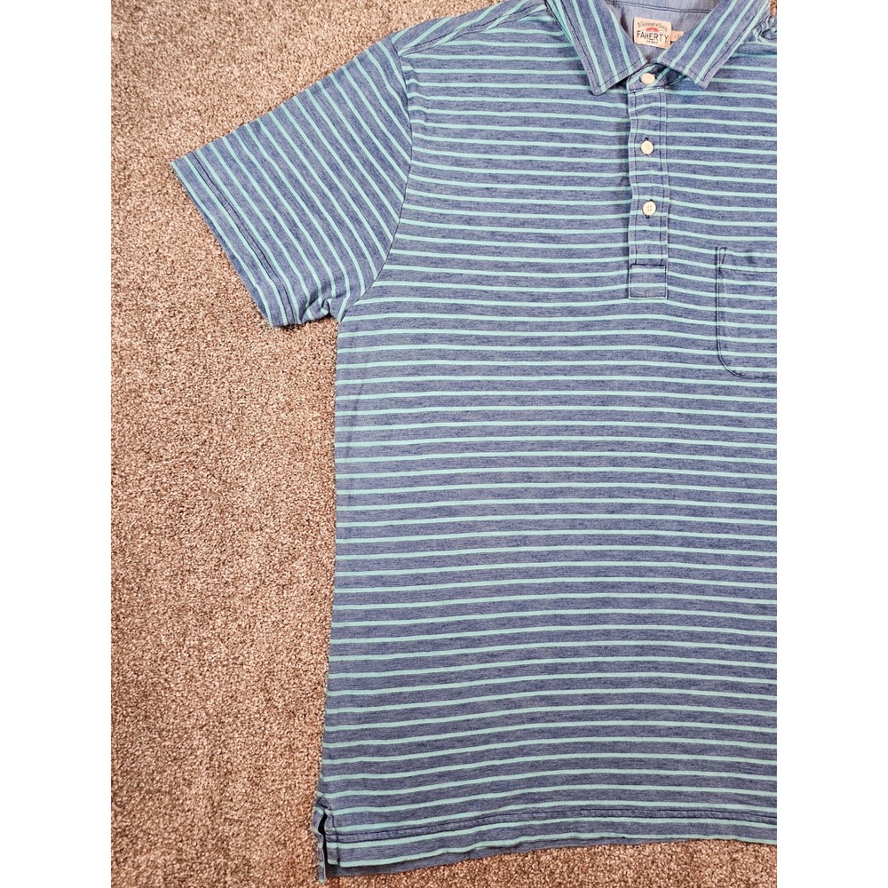 Faherty Brand Mens Large Indigo Dyed Striped Short Sleeve Polo Shirt Blue Green - Picture 2 of 15